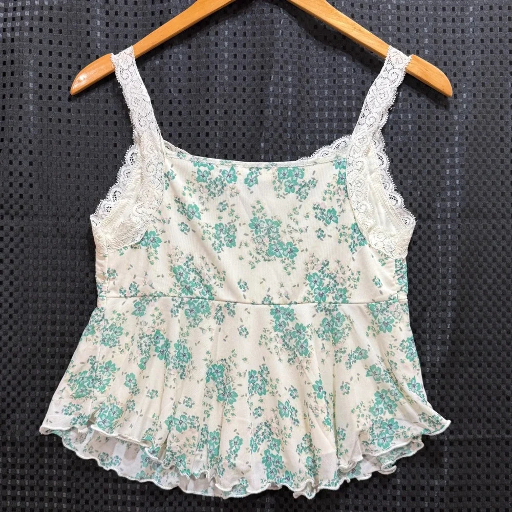 La Peche Floral Babydoll Camisole Womens Medium Cream Green Lace Trim Mesh - Picture 3 of 9